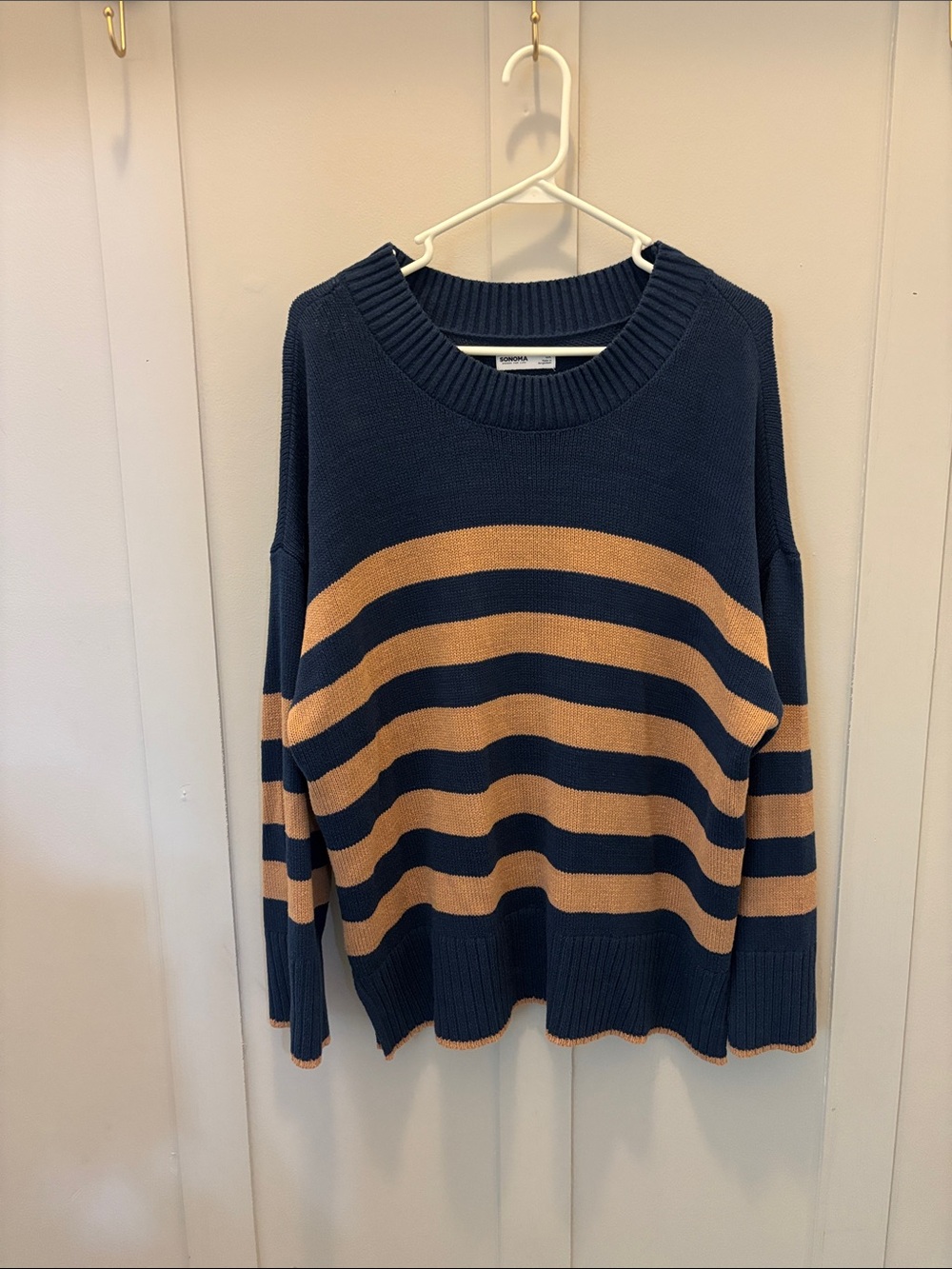 Sonoma Navy and Tan Striped Crewneck Sweater
